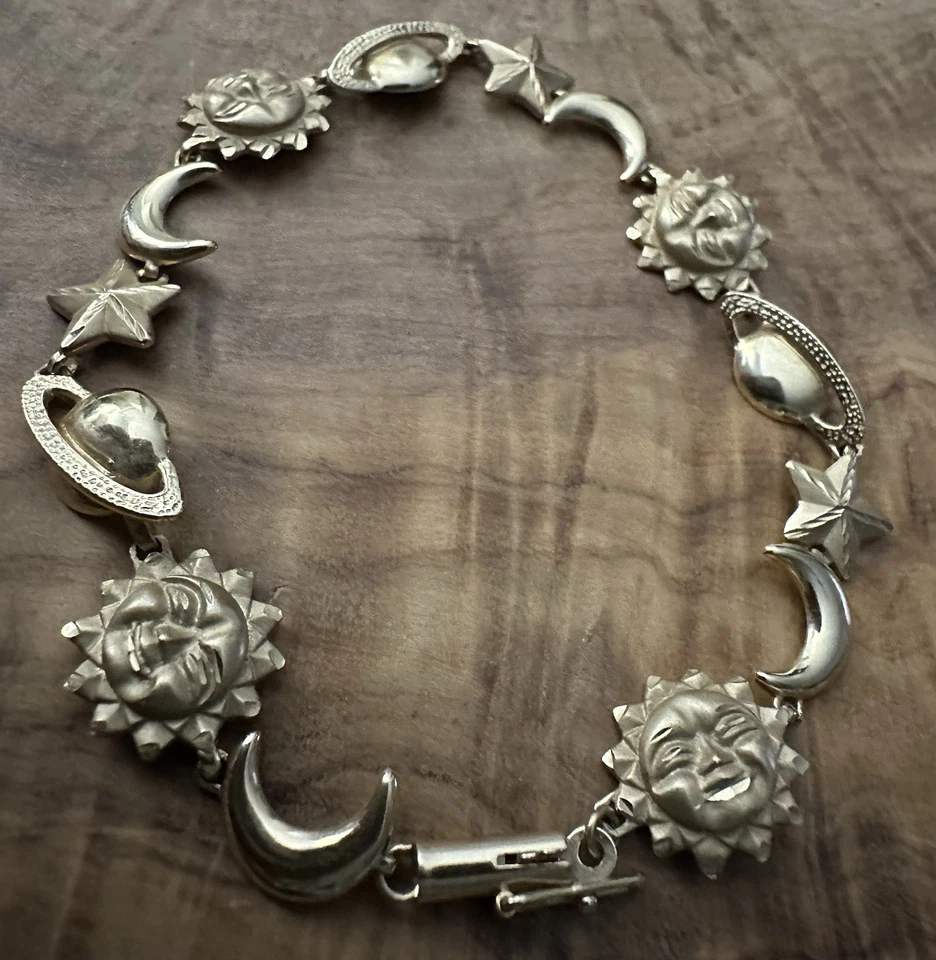 Brazalete Tenis Celestial Aurafin 1993 Oro Amarillo 14k Sol Luna Estrella Saturno Foto 3 de 4