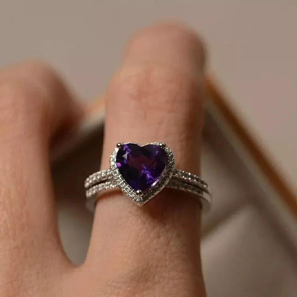 14K White Gold Plated 2Ct Heart Cut Lab Created Amethyst Women's Bridal Ring Set - Image 2 of 4