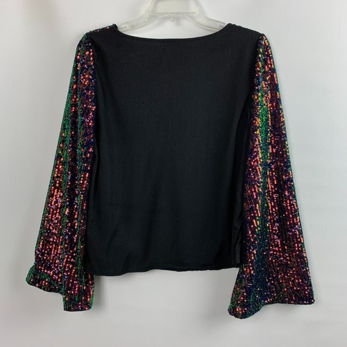 Shein Black Top Red Green Blue Sequin Round Neck Front Sleeves Long Sleeves Sz S - Picture 2 of 7