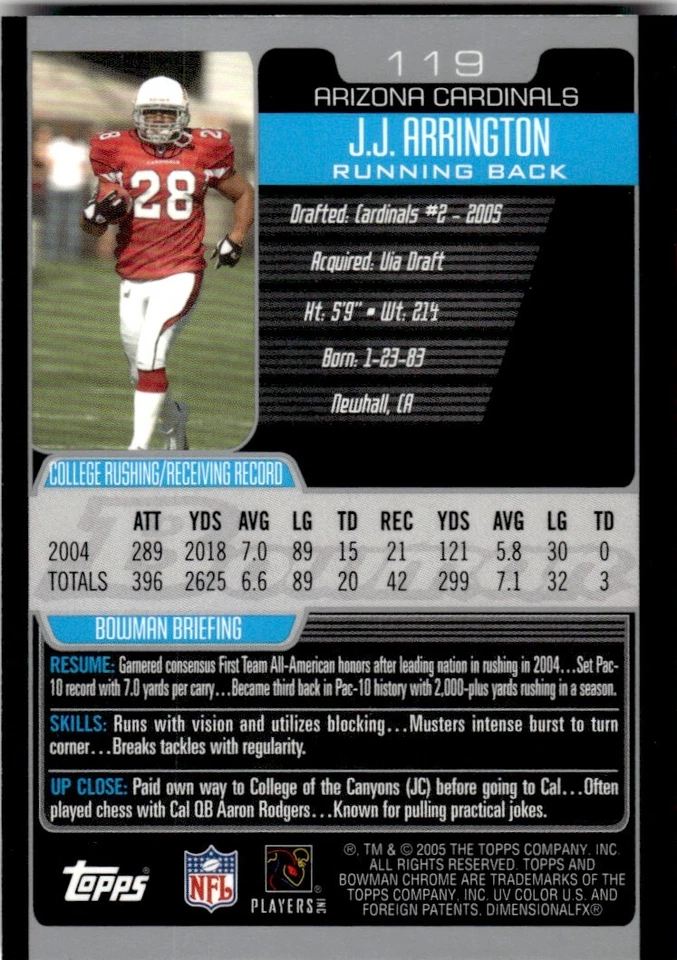 2005 BOWMAN CHROME ROOKIE J.J. Arrington Rookie Arizona Cardinals #119 - Image 2 of 2