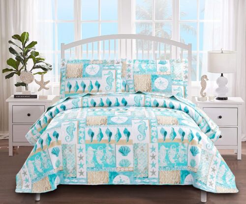 3 Piece Beach Quilt Set Full/Queen Size Coastal Bedding Set Blue Green Lightw...
