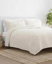 Noble Linens All Season 3 Piece Diamond Stitch Quilt Set Off White Full / Queen