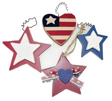 3 Stars  Flag Heart Wood Christmas Ornaments Patriotic Americana