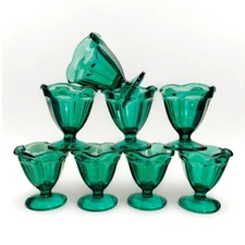 Anchor Hocking Emerald Green 4" Tulip Ice Cream Dessert Dishes Set of 8 Vintage