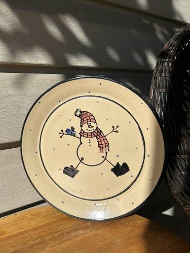 BBP Beaumont Bros. Snowman Blue Bird Polkadots Art Pottery Plate 9" 2001
