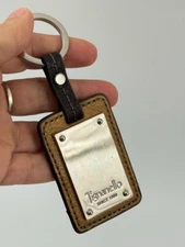 Tignanello Silver Tone Brown Tan Leather Key Chain Hang Tag Fob Purse Charm