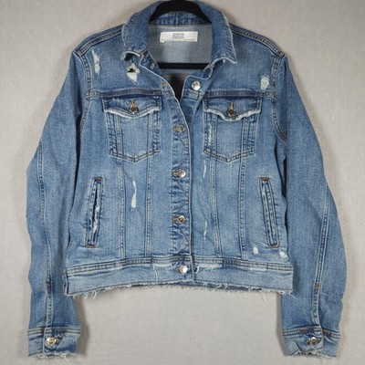 Zara Z1975 Denim Jacket Womens Large Blue Distressed Raw Hem Button Front