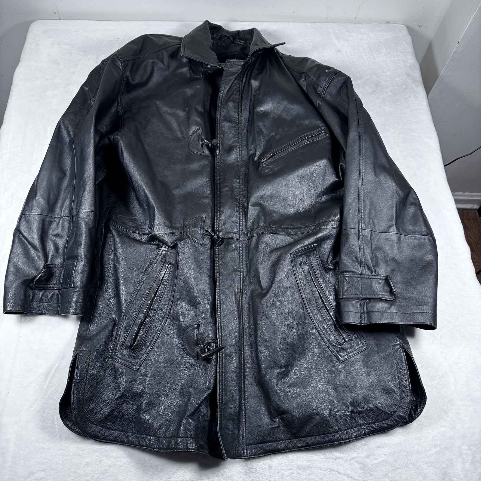 Fashion Elements Jacket Mens Large Black Leather Car Coat Removable Liner