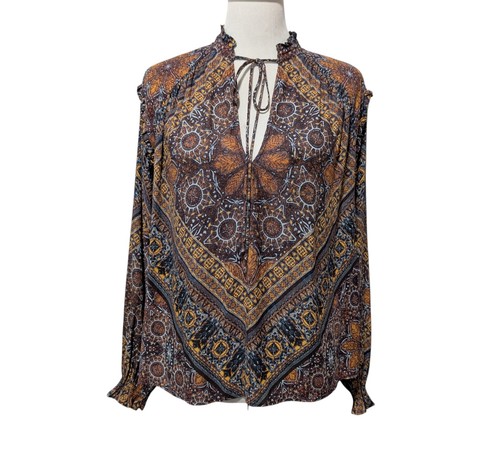 Free People top donna taglia XS Little Runaway marrone medaglione geometrico con volant - Foto 1 di 10