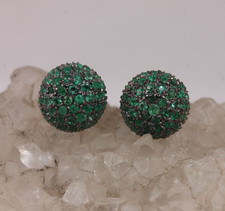 Emerald Pave Ball Stud Earrings 925 Silver Black Rhodium May Birthstone Jewelry