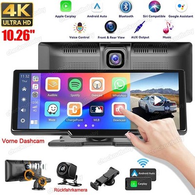 4K 10.26-Zoll Wireless Apple Carplay Android Auto Display Vorne Rückfahr Dashcam