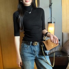 Women s Slim Fit Knitted Bodysuit Semi High Neck Short Sleeve Stretch Elegant