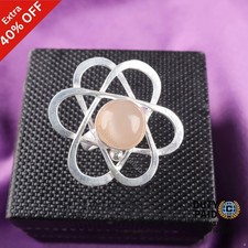 Round Peach Moonstone Gemstone 925 Silver Band Mother Promise Boho Ring Jewelry