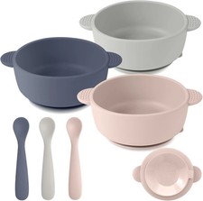 Silicone Baby Feeding Set, 3 Pack Baby Bowls with Suction and 3 Pack Baby Spoons