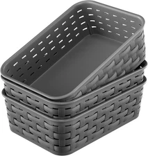 3 Pack Small Plastic Storage Baskets Pantry Organizer Bins Wicker Style Dark