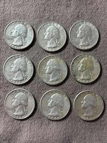 9-Washington Quarters 90% SILVER COIN LOT-1962-D-1963-D-1964-Circulated