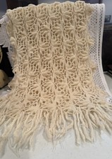 Vintage Unique Hand-Crocheted Shawl or Wrap. Open Work Pattern Long Fringe.