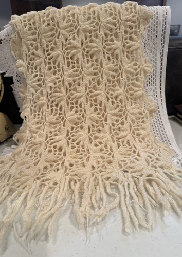 Vintage & Unique Hand-Crocheted Shawl or Wrap. Open Work Pattern & Long Fringe.