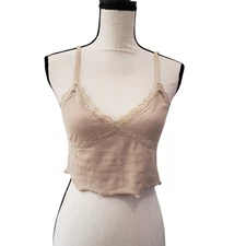 Ambiance Womens Ribbed Lace Crop Cami Beige Size L