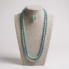 Multi Blue Glass Faux Pearl Long Necklace Earring Set
