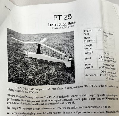 Primary Trainer PT-25 Auto Gyro 43  Diameter VTG RC Autogyro Gyrocopter Kit READ