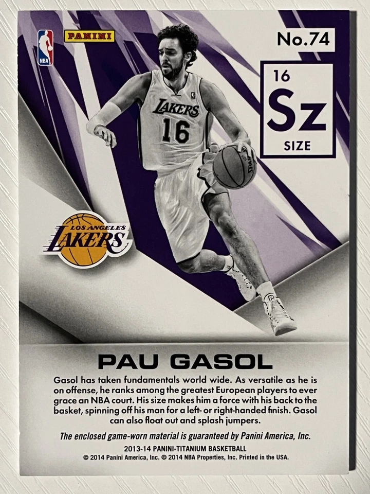 Pau Gasol 2013-14 Panini Titanium Elements Juego Usado Reliquia Los Angeles Lakers Foto 2 de 2