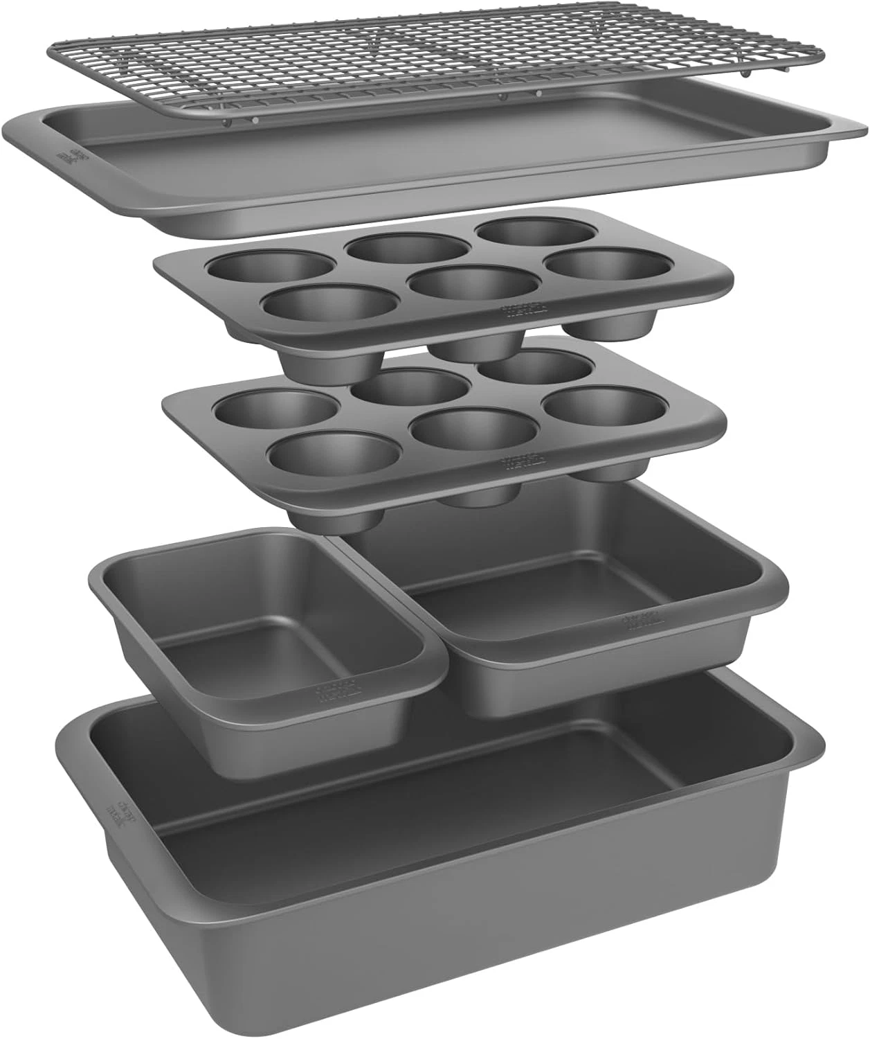 7-Piece Nesting Bakeware Set - Carbon Steel Nonstick Baking Sheet, Loaf Pan, Muf