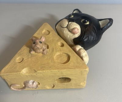 Vintage 1995 Cat Mouse Cheese Trinket Box Hidden Storage Whimsical Decor Gift