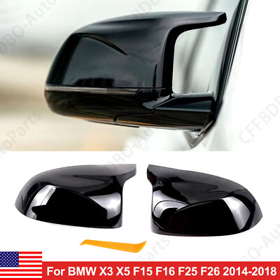2x Gloss Black Snap-On Side Mirror Cover Caps For BMW X5 F15 X4 F26 X3 F25 14-18