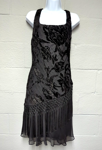 Vintage 90s Y2K Alex Velvet Burnout Dress Black Floral Asymmetric Fringe Whimsigoth