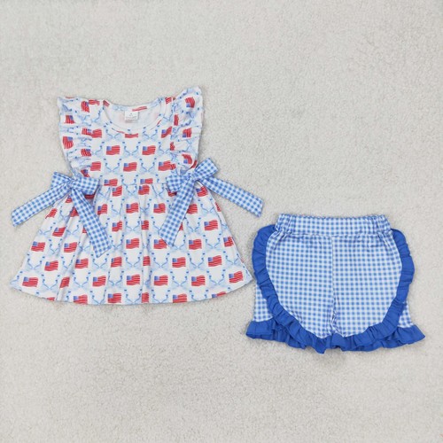 4th of July Patriotic Sibling Clothing USA Flag Blue Bow Outfit and Romper - Picture 2 of 6