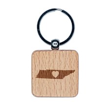 Tennessee State with Heart Engraved Wood Square Keychain Tag Charm