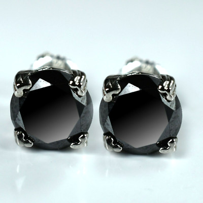 3.50 Ct Treated Certified Black Diamond Solitaire Stud Earrings In 925 Silver