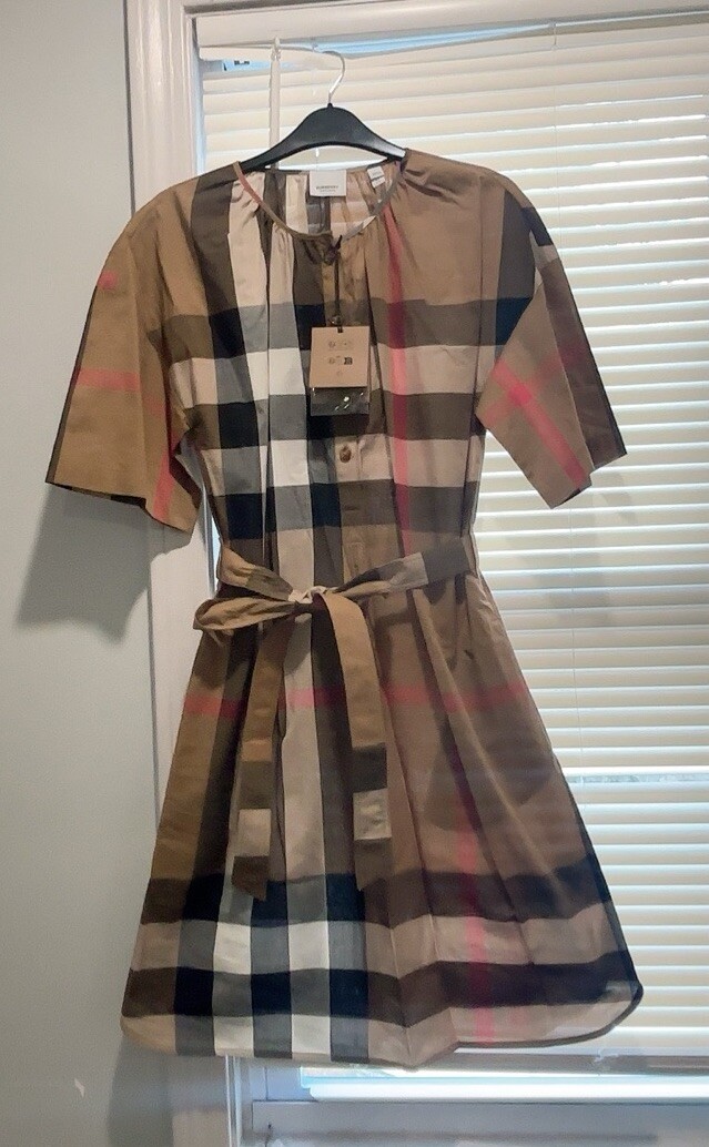New Burberry Gretton 100% cotton Women’s Brit Belted Check Dress Size US  8/UK 10