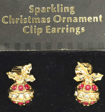 1992 Gold Tone Sparkling Christmas Ornament Clip Earring Red Rhinestone Avon