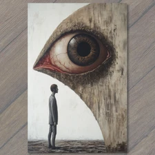 Art Print  Man in Suit Stares at Red Eyeball Unique Visionary Scene Strange Wier