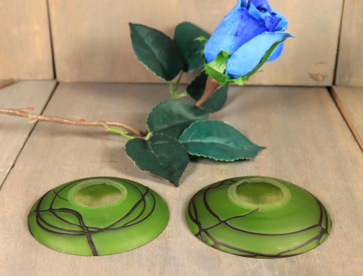 Antique PAIR Czech Kralik Loetz Green Treaded Glass Candle Bobeche Drip Collar eBay