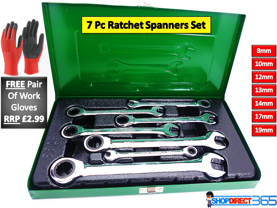 7 PIECE METRIC RATCHET RATCHETING COMBINATION SPANNER SET 8mm 19mm