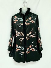 NEW BLACK SATINY ASIAN STYLE CORAL/TEAL FLORAL EMBROIDERED JACKET SZ MEDIUM NWOT