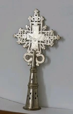 Ethiopian Silver Tone Processional Cross Angel & Sun Ray Motif Coptic Art 10.25"