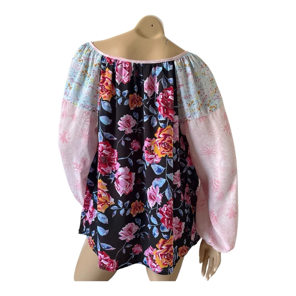 Blusa túnica campesina boho transparente retazos florales grandes de mujer pionera manga larga Foto 4 de 4