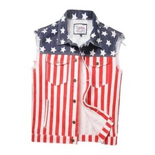 Men's American Flag Denim Vest,Patriotic Button Up 4th of July Vest X-Large Red