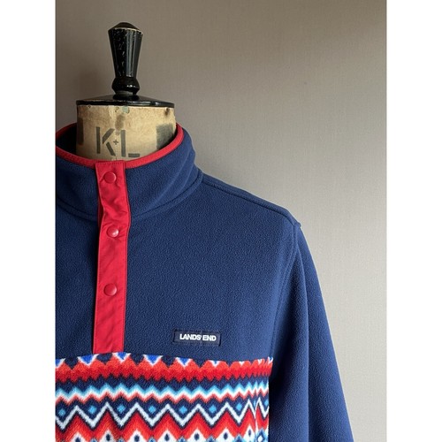 Lands End Fleece Jacket Men’s Size L Navy Red Aztec Snap T Pullover - Picture 4 of 12
