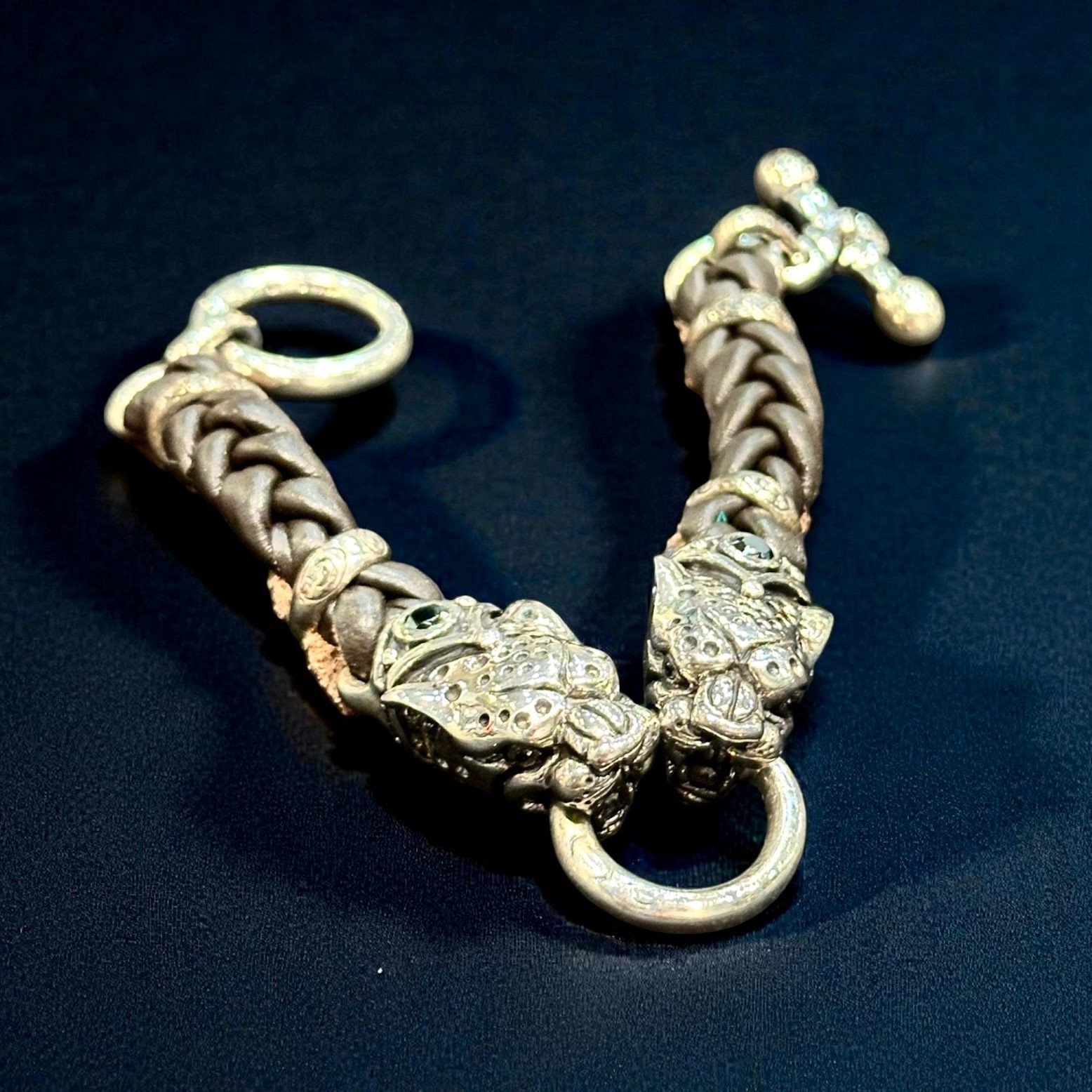 Silver 925 Panther Leather Bracelet 22cm Men's Jewelry From Japan thumbnail 2