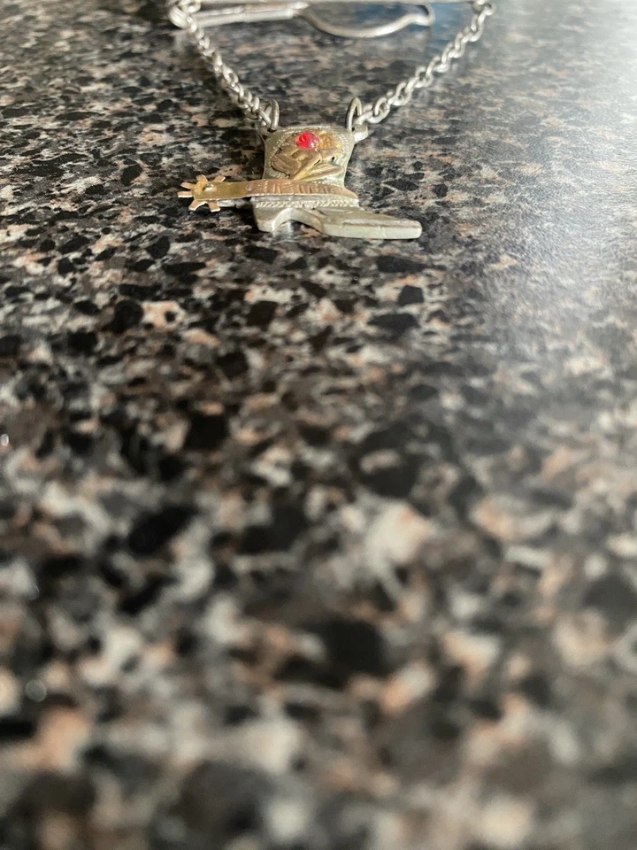 MEXICAN STERLING SILVER & 10K GOLD COWBOY BOOT TIE CLIP w SPUR Faceted Red Stone - Image 2 of 4