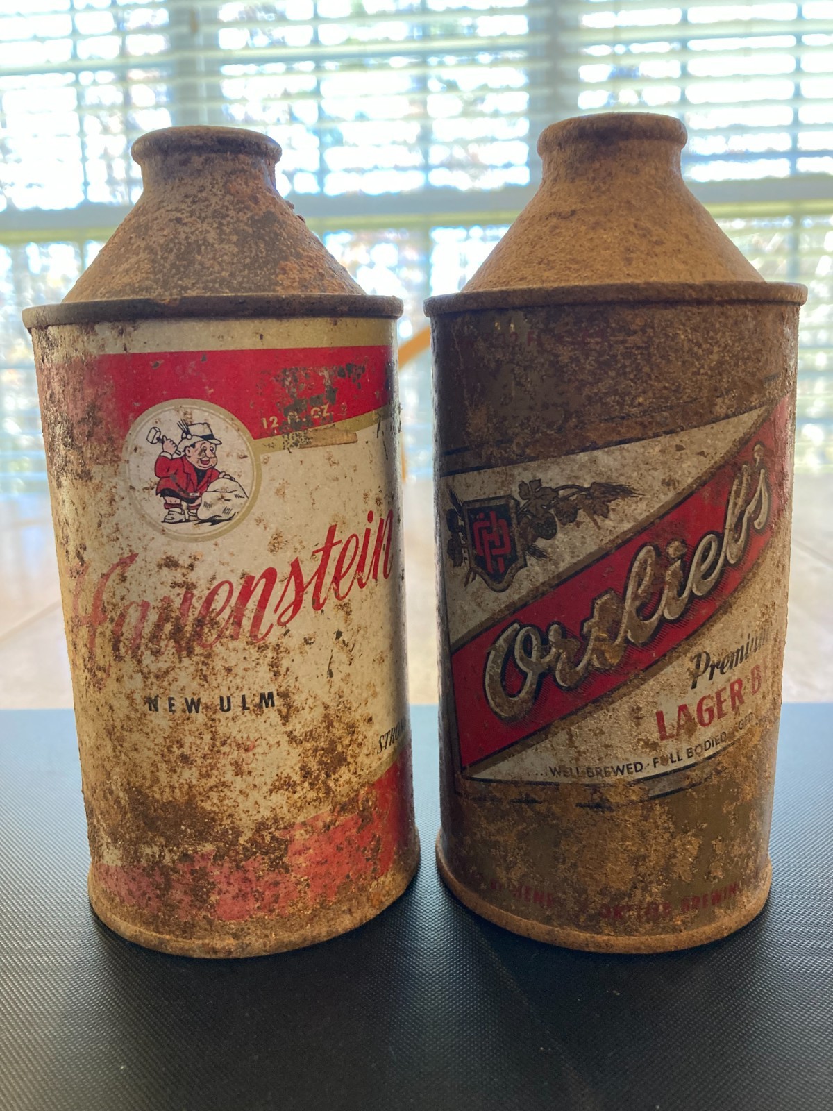 (2) Hauenstein, Ortlieb's, HP CTs TO, Empty Outdoor Cans, Holes, Fading, Dents