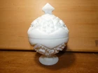 Circa 1960s Kemple Glass Covered Candy Dish Milk Glass Hobstar And Fan Pattern
