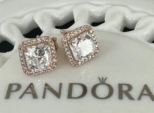Authentic Pandora ROSE Square Sparkle Halo Stud Earrings #280591CZ