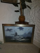 Naval Engagements Ship Original Oil on Canvas Painting by Anthony Hedges Framed