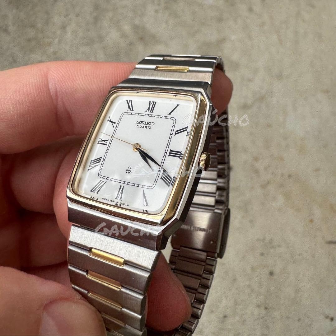 時計 SEIKO Tank Roman Watch White Gold Seiko Rectangular Square Vintage Tank Quartz Watch Roman Dial